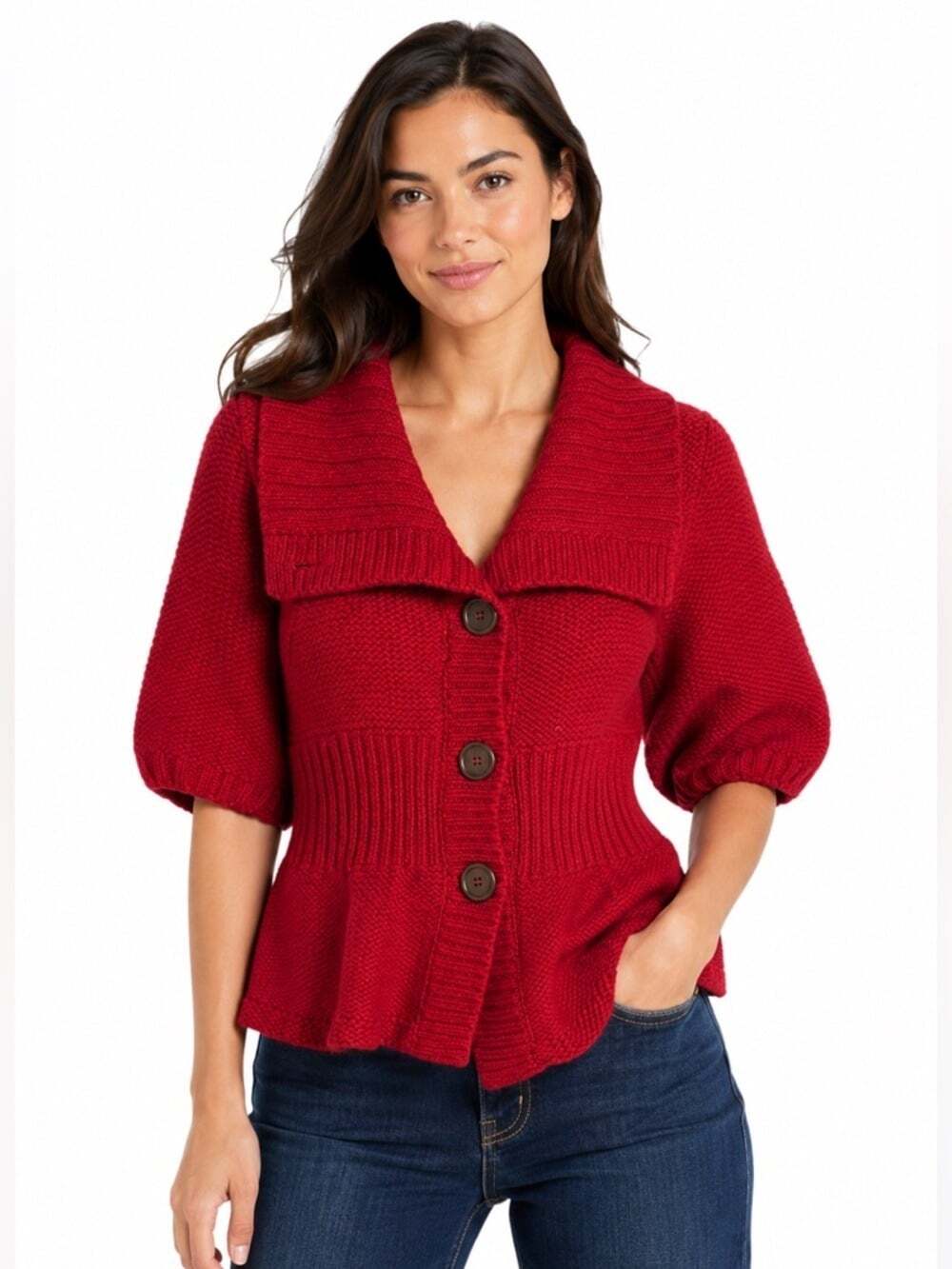 Free People Red Wool Blend Button Cardigan Short Sleeve Cozy Knit Women XS